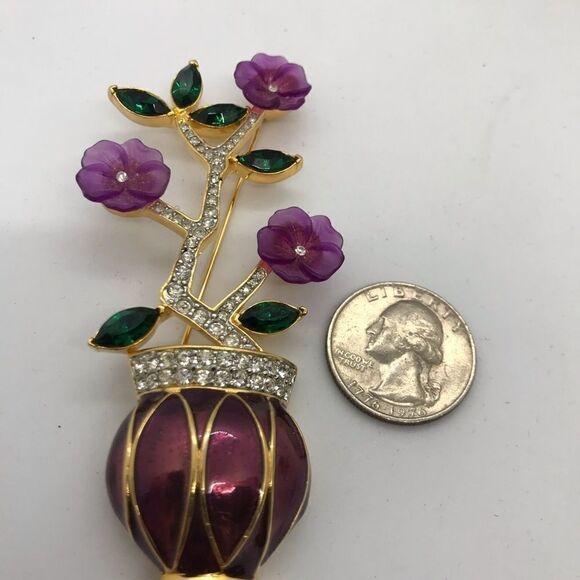 Flower Bouquet Vase Enamel Brooch Gold Tone 90s Vintage - Picture 4 of 11